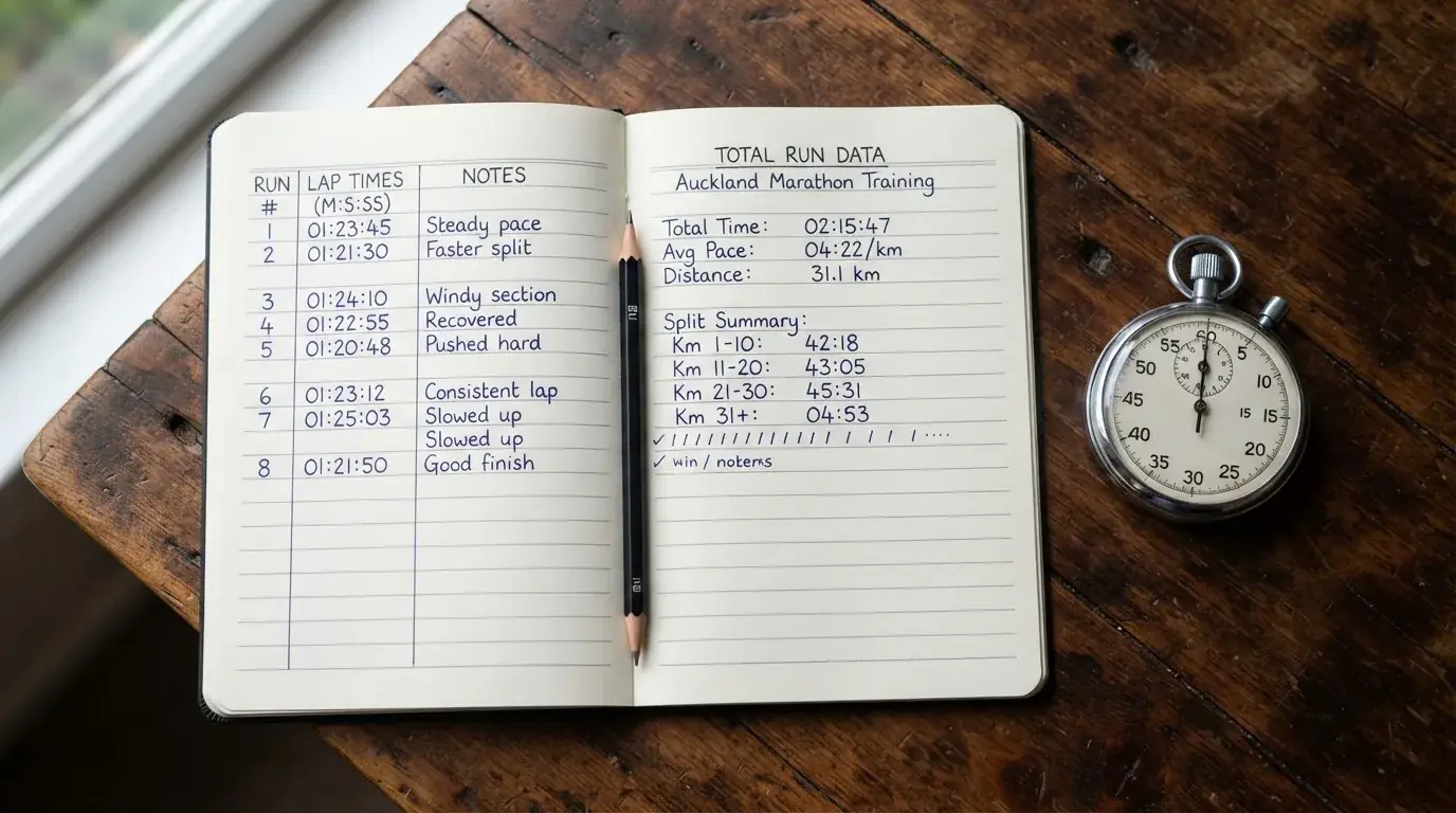 An open notebook with a pencil and a stopwatch on a wooden table