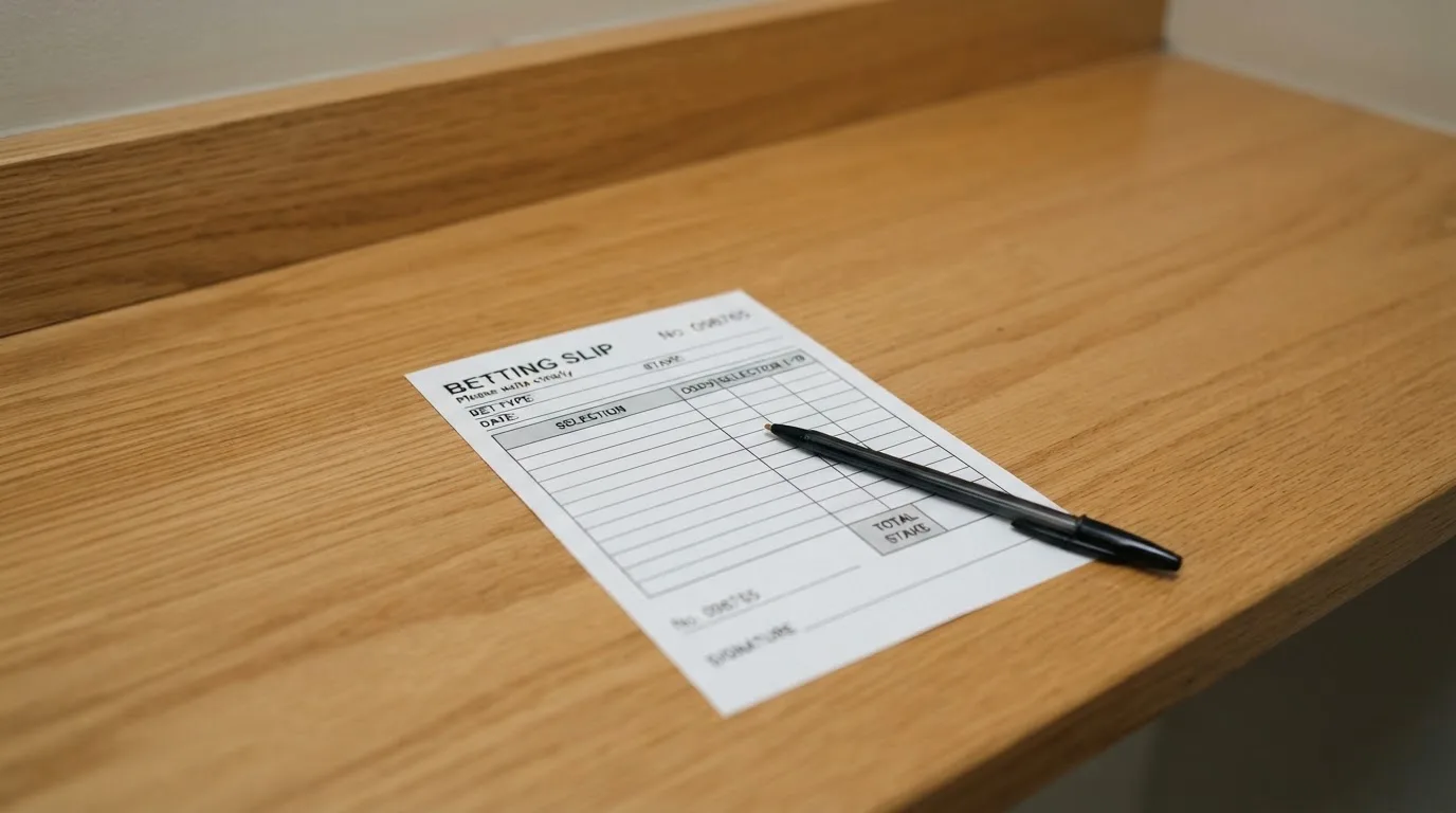 A blank paper betting slip beside a pen on a wooden counter