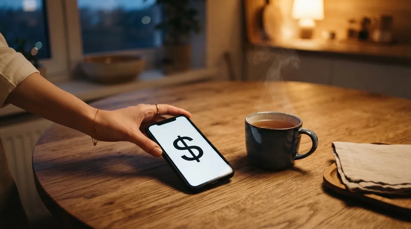 A hand setting a smartphone down beside a cup of tea on a kitchen table on a quiet evening